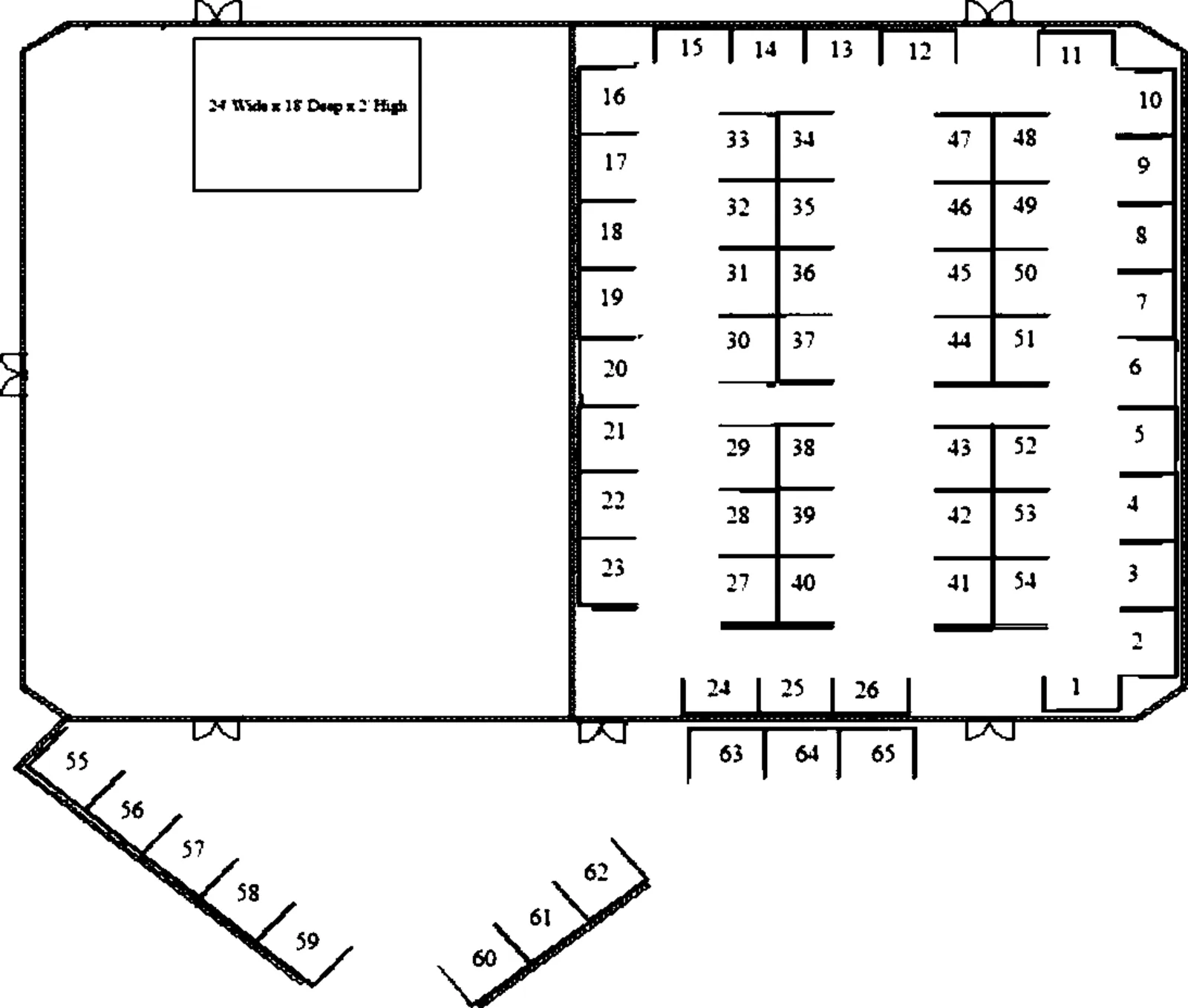Exhibit Hall floor plan showing numbered vendor booths 1 through 65 in the Governors Ballroom.